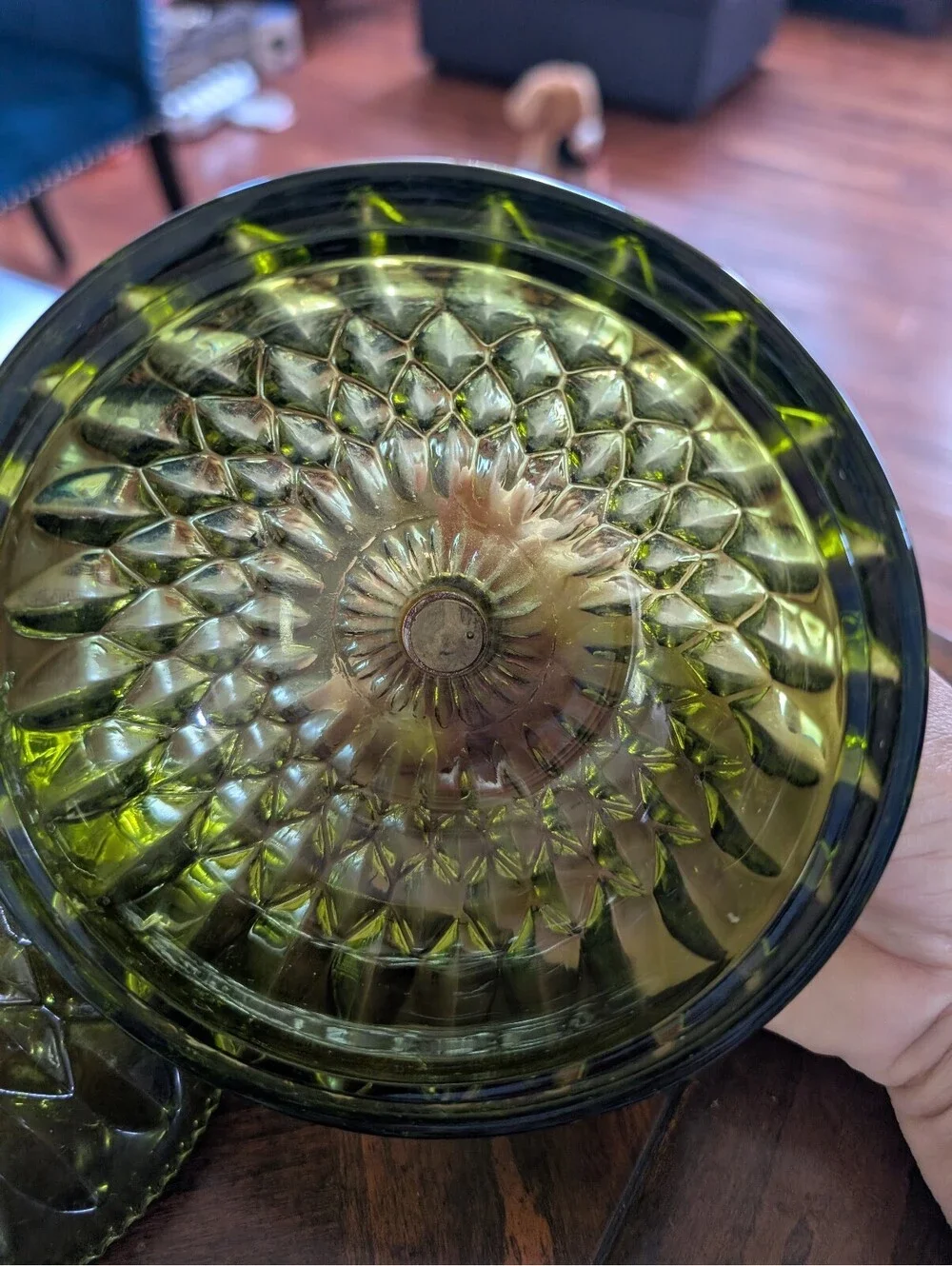 Vintage Indiana Glass Co. Mount Vernon Green Cut Glass Candy Dish | Olive Green